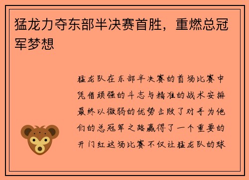 猛龙力夺东部半决赛首胜，重燃总冠军梦想